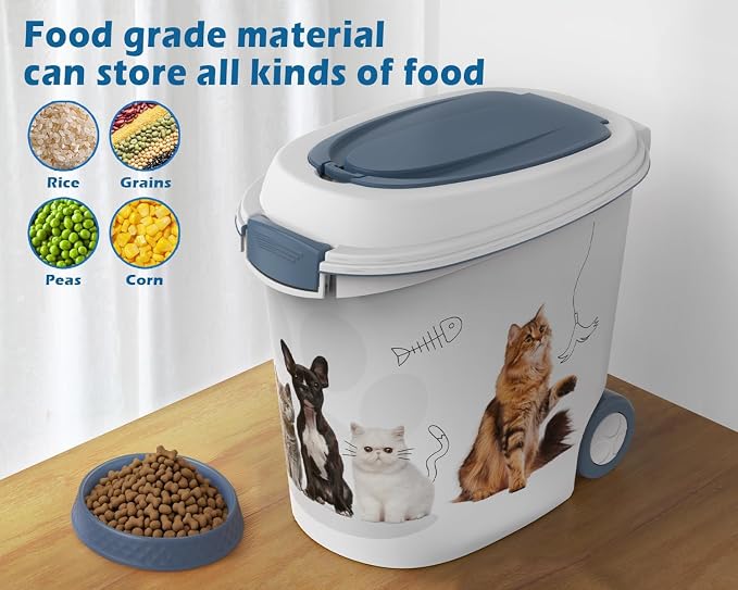 DRATO Pet Food Storage Container with Wheels Resin 30LB Capacity Dog Food Container with Slow Feeder Bowl and Scoop Easy to Move to Keep Food Fresh for Dogs, Cats, Birds - Image 4