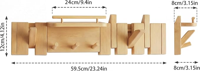 Mid Century Modern Wood Coat Rack Wall Mount with Shelf, 7 Hooks, Natural | Wood and metal wall rack with fold-down piano-key hooks and display shelf organizes coats, bags, keys and decor up to 25 lb. - Image 5
