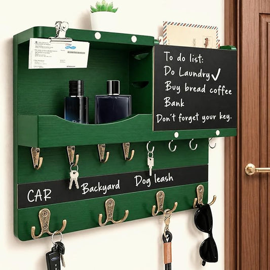 Key Holder for Wall Mount with Shelf and Mail Organizer, Key and Mail Holder with 16 Hooks, Farmhouse Entryway Organizer, Home Decor Rack (Pine Wood,Green) by HEKOOLA