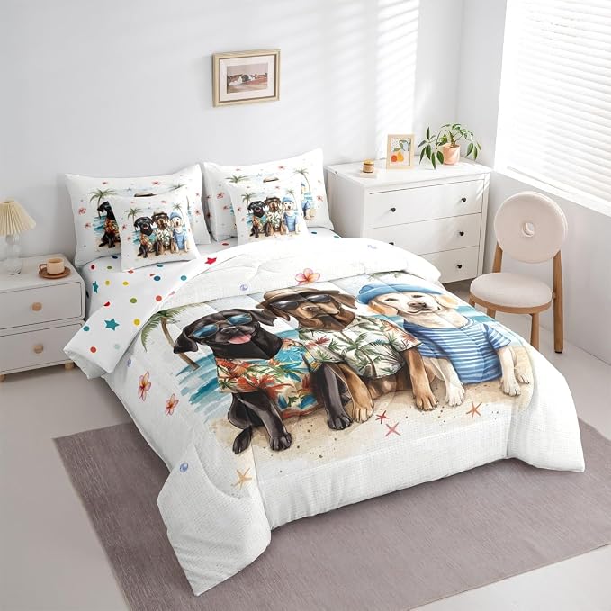 Erosebridal Summer Beach Twin 7-Piece Bedding Set, Kawaii Dogs Bed in A Bag, Sea Beach Comforter Set with Sheets for Kids Boys Teens Girls Women Men Bedroom, Floral Starfish Coconut Tree Bed Sets - Image 2
