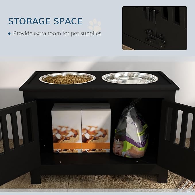 Large Elevated Dog Bowls with Storage Cabinet Containing Large 37L Capacity, Raised Bowl Stand Pet Food Bowl Dog Feeding Station, Black - Image 3