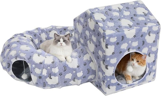 Pawaboo Cat Tunnel Bed for Indoor Cats, Cute Cat Donut Tunnel with Square House, Peekaboo Pet Cave Play Tunnels with Cave for Kitten/Rabbit, Basic Soft Blue by Pawaboo
