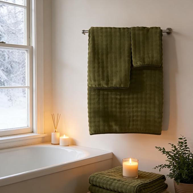 COZYART Lint Free 8 Pcs Bathroom Towels Set Ultra Soft Microfiber Fluffy | Thick, Highly Absorbent, Fast Dry, No Shedding, No Pilling, Fade Resistant, Durable, Long-lasting Olive Green - Image 6