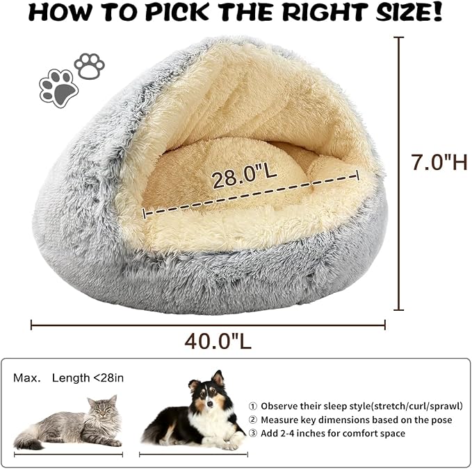 ShinHye Round Plush Fluffy Hooded Cat Bed Cave, Cozy for Indoor Cats or Small Dogs, Waterproof Bottom, Washable（40 in） - Image 2
