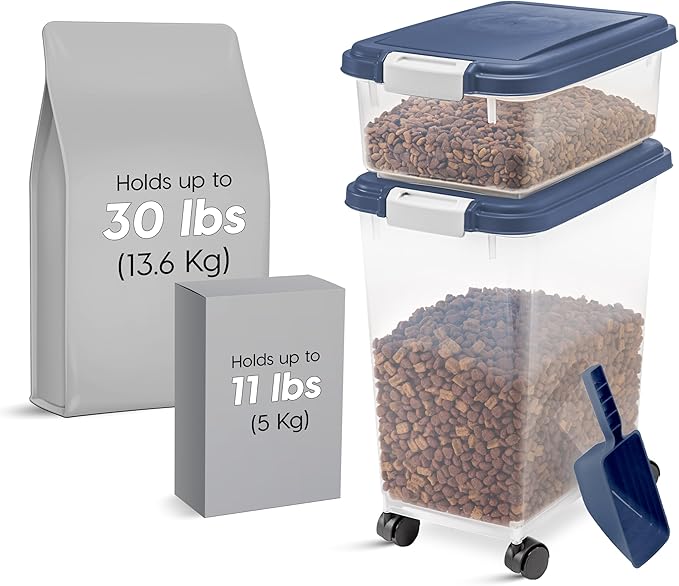 IRIS USA Dog Food Storage Container, 30 lbs & 11 lbs Combo, Cat Food Storage Container, Dog Treat Container, Airtight, Stackable, 2-Cup Scoop, Wheels, Easy Mobility, Navy - Image 2