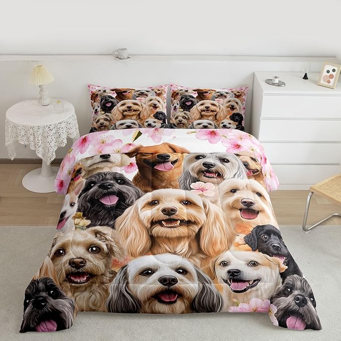 Feelyou Dog Cat Comforter Set Lover's Pet Bedding Set for Kids Boys Girls Floral Animal Pink Comforter Lovely Pet Animal Decor Quilt Room 2Pcs Twin Size Boys by Feelyou