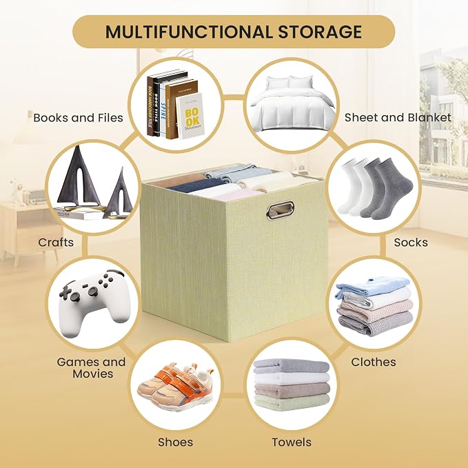 Posprica Foldable Storage Bins,13×13×13 Storage Cubes Boxes Baskets Containers for Shelf Bookcase,Thick Fabric Drawers - Set of 4, Yellow/Beige mixed - Image 5