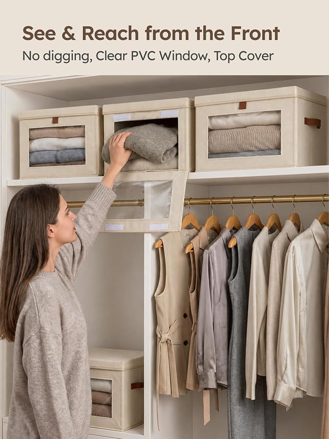 Homsorout Large Closet Storage Bins - Collapsible Storage Bins with Handles & Window, Decorative Boxes with Lids, Fabric Cubes for Living Room, Dorm, 1 Pack, Beige - Image 2