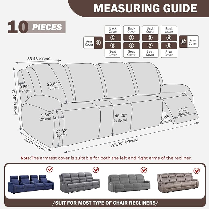 vctops Diamond Recliner Sofa Covers 10-Pieces Stretch Large RV Couch Covers for 4 Seats Reclining Slipcovers Soft Solid Furniture Protector (Dark Coffee,4 Seat) - Image 2