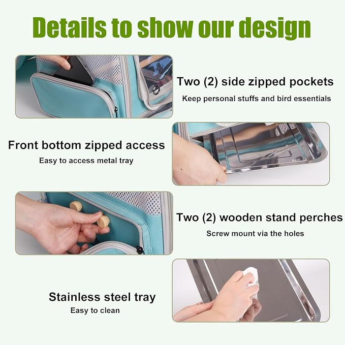 halinfer Bird Backpack Carrier Cage, Front Zipper Opening Portable Bird Travel Bag with Standing Perches and Metal Tray, Vented Carry Transport Carrier for Parakeet, Budgie, Conure, Cockatiel, Parrot - Image 7