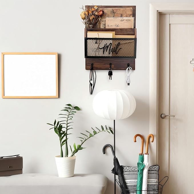 Yalikop Farmhouse Mail Organizer Wall Mounted Rustic Mail Holder Hanging Key Sorter with 3 Hooks Indoor Wooden Wall Mounted, Letter, Magazines, Newspapers, Keys(Classics,Brown) - Image 7