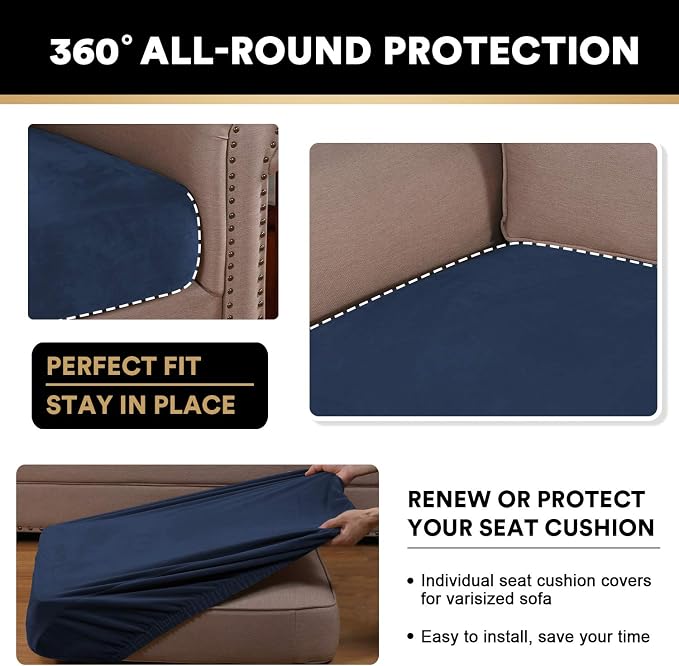 PrinceDeco Couch Cushion Covers, Stretch Washable Sofa Cushion Cover, Fitted Sofa Slipcover Velvet Fabric Non-Slip Furniture Protector for Dog,Pets, Kid (Each Width Up to 29.5", Navy) - Image 7
