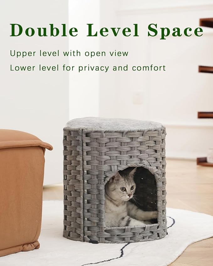 SETVSON Cat House for Indoor Cat, Small Handwoven PE Rattan Cave, Gray | Foldable Pet Kitten Bed Covered, Comfortable Double-Sided Cushion, 13x13x13.7 Inches, Quick 5-Minute Assembly - Image 2