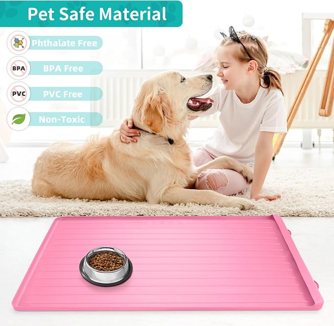 Dog Bowl Mat for Food and Water - 39.4" x 27" Thickened Large Dog Food Mat | Waterproof Pet Bowl Mat with Residue Collection Pocket and High Edges to Prevent Water and Food Spills - Pink - Image 5