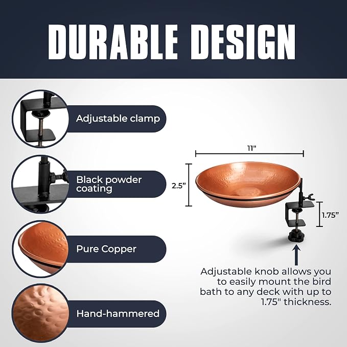 Monarch Abode Deck Mounted Bird Bath & Bird Feeder for Outdoors – Pure Copper Hand Hammered Birds Bath Bowl w/Detachable Iron Clamp, Birdfeeder and Birdbath for Outdoors Garden Backyard - Image 3