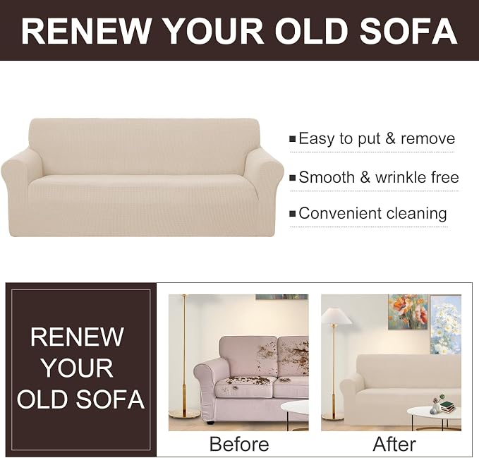 U-NICE HOME Loveseat Cover Stretch Couch Cover Sofa Slipcover, Beige | 2 Cushion Sofa, 1-Piece Sofa cover, Washable, Pet friendly, Furniture protector, Polyester Spandex Jacquard fabric - Image 5