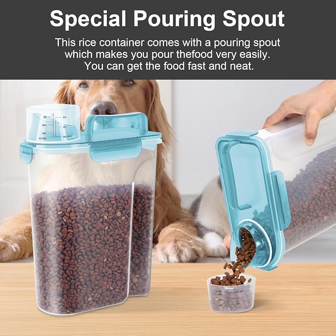 LEAWALK 5-7Lbs Cat Dog Storage Container, Portable Pet Food Containers with Upgraded Large Spout and Cup, Small Animal Kibble Dispenser for Bird Seed, Oatmeal, Rice, Flour-Clear Blue - Image 2