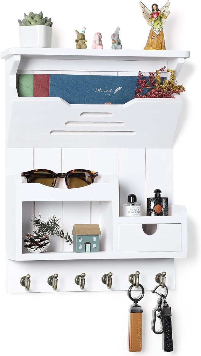 DOPACE Handcrafted Pine Wood Mail Organizer & Key Holder, White | Hand-polished natural pine wood with storage drawer & 6 hooks, Fine spray paint finish, Easy wall mount - Image 2