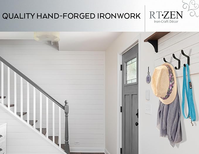 RTZEN Classic Farmhouse Wall Mount Multi-Use Wrought Iron Hook Set (3 Pack) | Decorative Rustic Metal Handcrafted Bathroom, Entreyway Home Decor Hooks Suitable for Coats, Towels, Robe or Hat Hanging - Image 6
