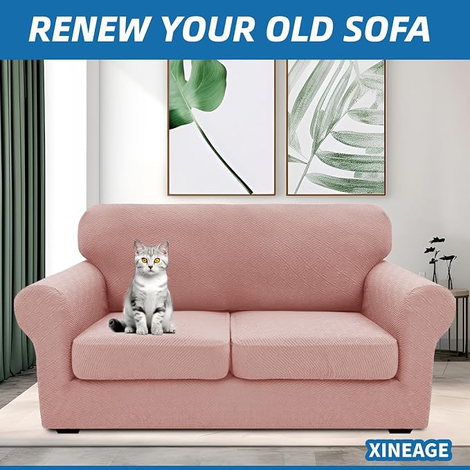 XINEAGE New 3 Pieces Couch Covers for 2 Cushion Sofa Super Stretch Loveseat Slipcover Pet Dog Universal Slip Cover Anti Slip Love Seat Furniture Protector (Dusty Pink, 55"-69") - Image 4