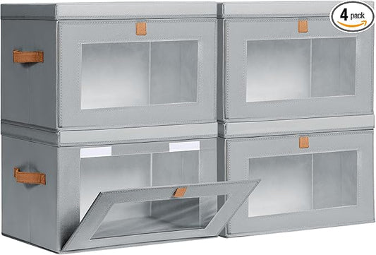 Homsorout Large Closet Storage Bins - Collapsible Storage Bins with Handles & Window, Fabric Cube Organizer with Lids, Decorative Boxes for Living Room, Closet, Dorm, 4 Pack, Grey by Homsorout