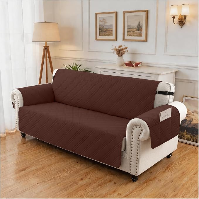100% Waterproof Couch Cover for Dogs, Washable Anti-Slip Sofa Cover with Elastic Straps & Side Pockets, Quilted Furniture Protector for Kids & Pets (3 Cushion 68", Coffee) - Image 8