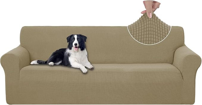 U-NICE HOME 4 Seater Stretch Couch Cover for 3 Cushion Sofa, Sand | 1-Piece Sofa cover, Washable, Pet friendly, Furniture protector, Polyester Spandex Jacquard fabric by U-NICEHOME