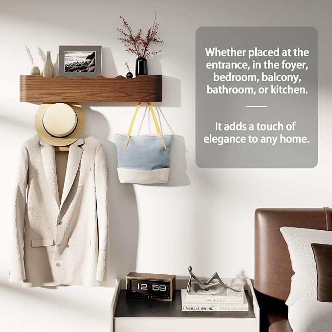 Coat Rack Wall Mount with Shelf 4 Hidden Hooks Modern Wooden Key Holder Entryway Organizer for Hallway Bedroom Bathroom Home Decor Storage for Hanging Coats Hats Bags Towels, Wave-Shape Walnut - Image 5
