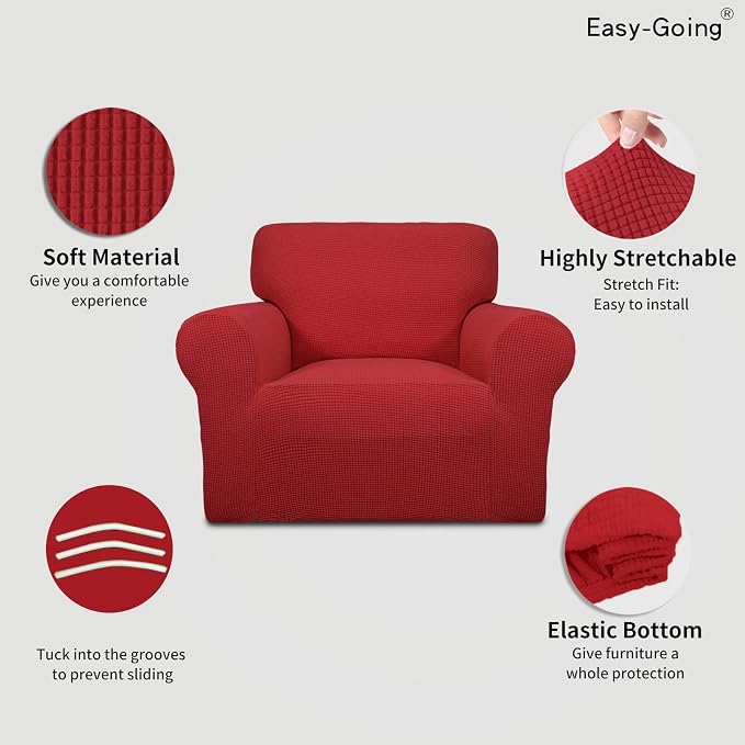 Easy-Going Stretch Chair Slipcover with Arm Washable Christmas Red | 1-Piece Couch Sofa Cover Furniture Protector for Living Room Soft with Bottom For Kids, Pet. Spandex Jacquard - Image 3