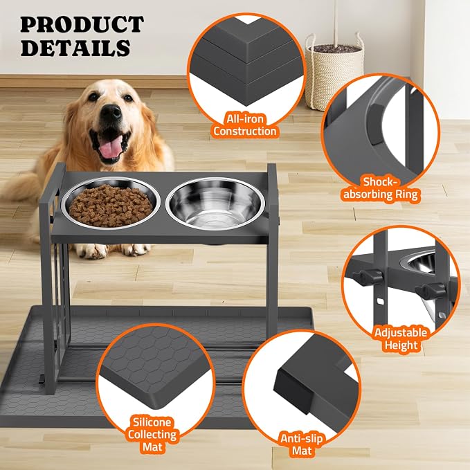 Elevated Dog Bowl for Medium Breed, Height Adjustable Feeder with Mat, Grey | Adjustable Height at 15°Tilted Angle, Lightweight, Nonslip, All-Iron Structure, Stainless Steel bowls, Easy Assembly Cleaning - Image 5