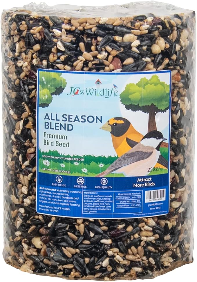 JCs Wildlife Bird Seed Cylinder with Hole Variety Pack, Premium Blends Wild Bird Food for Outside Feeders, Cardinals Woodpeckers Finches Bluebirds Chickadees, Made in the USA, Large, 5 Pack - Image 4