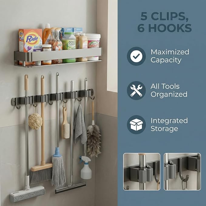 Broom Holder Wall Mount 24 Inch, Heavy-Duty Hooks & Sturdy Anti-Fall Large Capacity Shelf, Holds Brooms, Mops, Vacuums & Cleaning Supplies for Laundry Room, Garage and Closet - Image 7