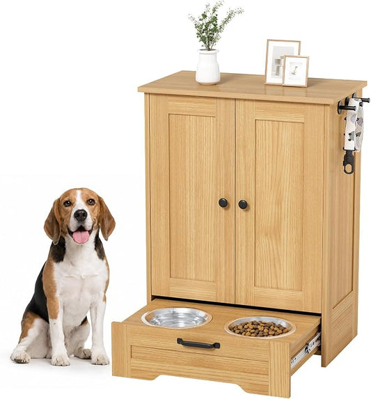 Dog Cabinet, Dog Feeding Station with Hidden Pull-Out Feeder, Oak | 5.9" Elevated Feeding Height, 2 Stainless Steel Bowls, Adjustable Shelf, 3 Side Hooks, Dog Food Storage Organizer by Unknown