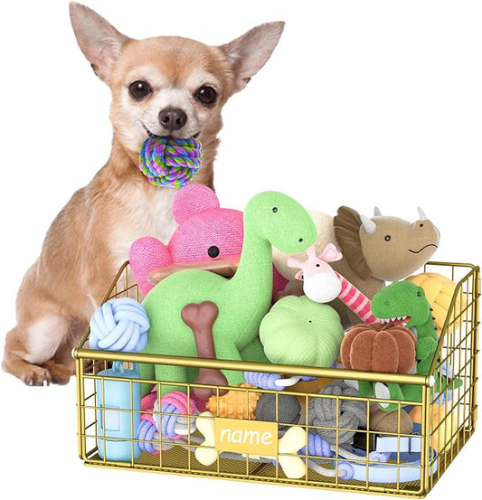 Kaiferty Indestructible Dog Toy basket, Small Toy Box for Dogs, Pet Toy Bin Dog Metal Basket for Toys, Toy Storage Organizer, Cat Toy Box for Living Room Area(Gold) by Kaiferty