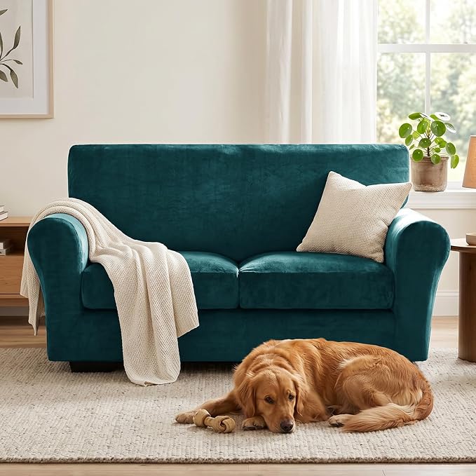 XINEAGE 3-Piece Velvet Loveseat Sofa Cover, Couch Covers for Dog,Dark Green | 2 Cushion Loveseat,Stretch Non-slip Elastic, Pet-friendly, Washable, Fast Setup, Soft Plush Fabric, Furniture Protector. - Image 4