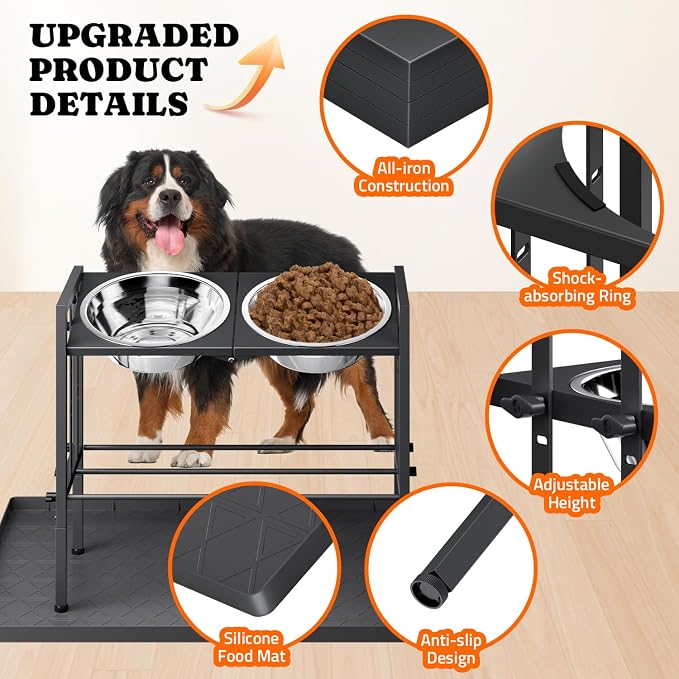 Elevated Dog Bowl for Large Breed, Height Adjustable Feeder with Mat, Black | Adjustable Height at 15°Tilted Angle, Lightweight, Nonslip, All-Iron Structure, Stainless Steel bowls, Easy Assembly Cleaning - Image 5