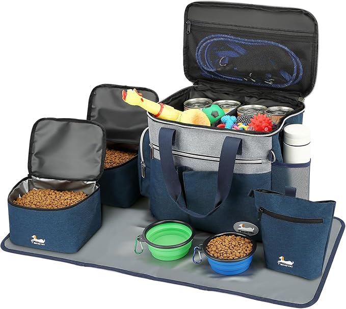 Dog Travel Bag for Pet Kit for Supplies with 2 Food Storage Containers 2 Collapsible Bowls 1 Feeding Mat 1 Dog Treat Pouch 7-Piece Set Perfect Road Trips Camping Weekend (Navy Blue) by Unknown