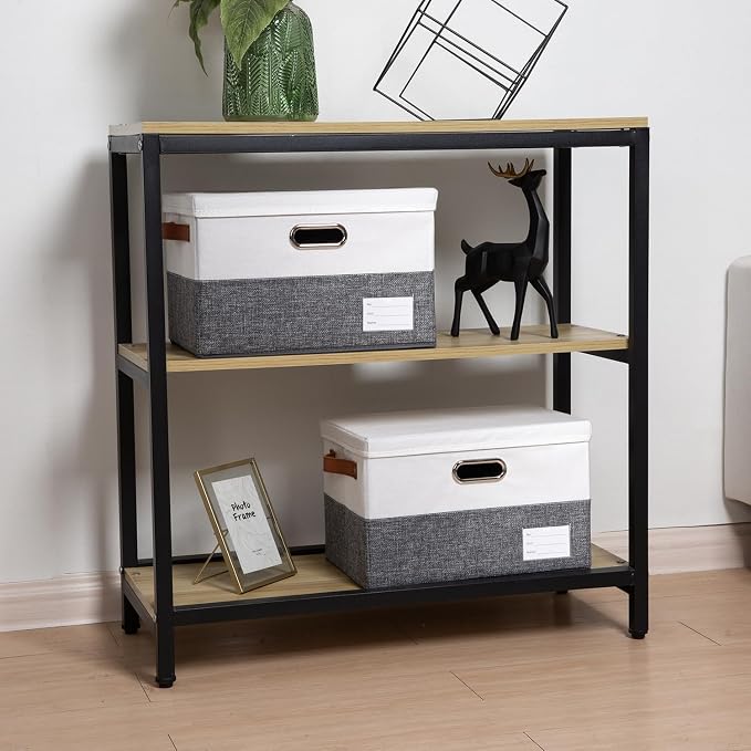 PRANDOM Foldable Storage Bins with Lids [3-Pack] Fabric Collapsible Storage Boxes Baskets Cubes Containers with Handles for Closet Living Room Bedroom (Grey & White 14.9x9.8x9.8'') - Image 2