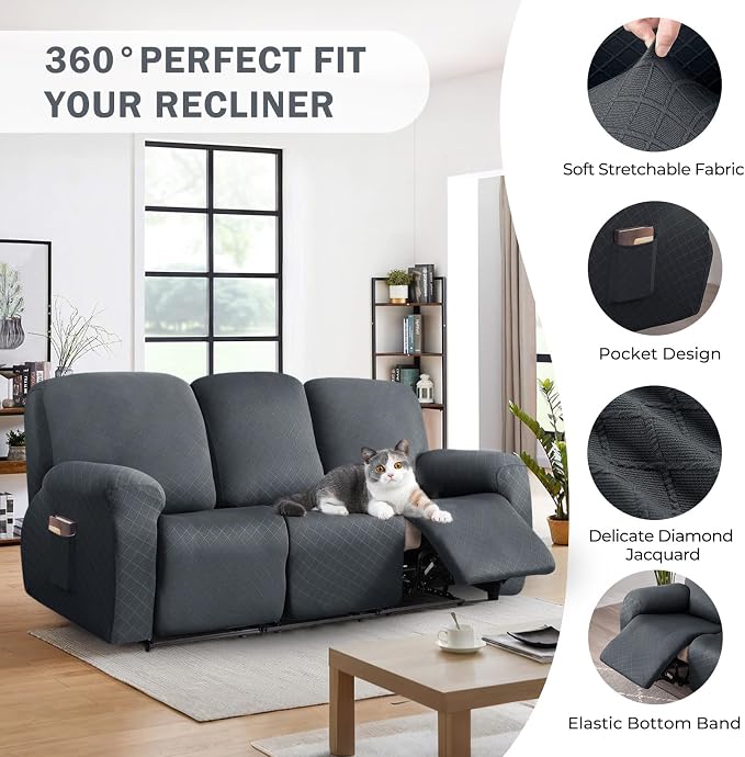 vctops Diamond Recliner Sofa Covers 8-Pieces Stretch Large Couch Covers for 3 Seats Reclining Slipcovers Soft Solid Furniture Protector (Grey,3 Seat) - Image 4