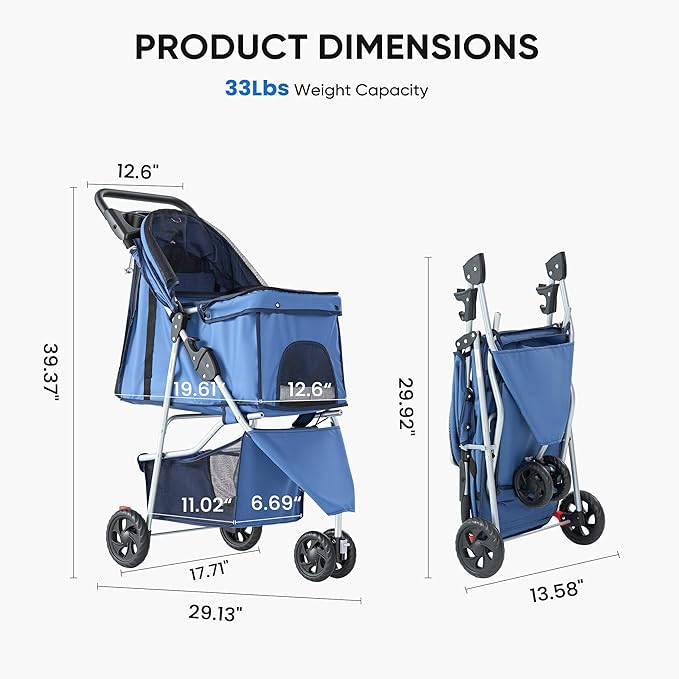 NEWBULIG 3 Wheel Pet Stroller for Dogs and Cats, Foldable, Lightweight and Durable, Ideal for Small to Medium Pets, Includes Storage Basket and Cup Holders