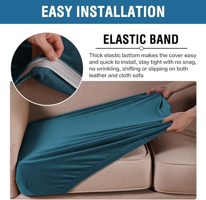 H.VERSAILTEX Velvet Stretch Couch Cushion Cover Plush Cushion Slipcover for Chair Loveseat Sofa Cushion Furniture Protector Seat Cushion Sofa Cover (3 Piece XL Sofa Cushion Covers, Deep Teal) - Image 4