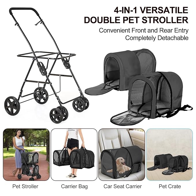 Double Pet Stroller for Dogs and Cats with 2 Detachable Carrier, Quick-Folding Dog Stroller for Medium Small Dogs Cats, 4 Wheels, Black