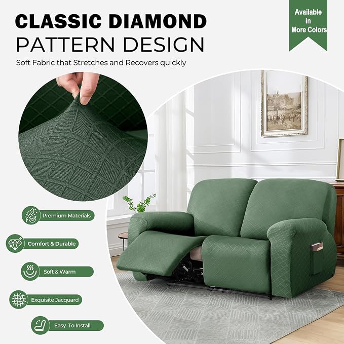 vctops Diamond Recliner Loveseat Slipcover 6-Pieces Stretch Dual Recliner Sofa Covers for 2 Seat Dual Reclining Loveseat Couch Soft Solid Furniture Protector (Mo Green,2 Seat) - Image 3
