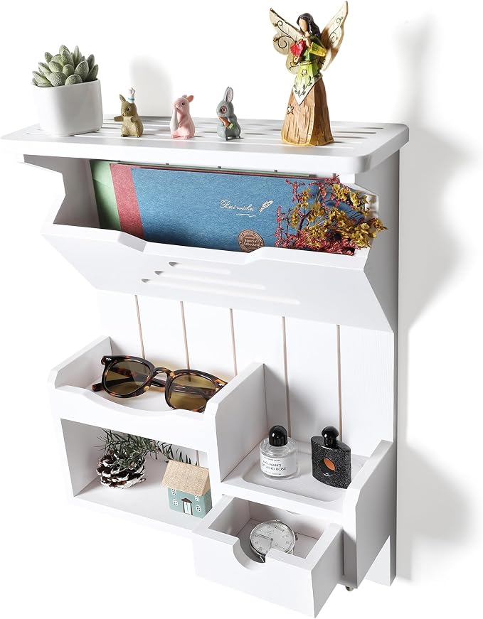 DOPACE Handcrafted Pine Wood Mail Organizer & Key Holder, White | Hand-polished natural pine wood with storage drawer & 6 hooks, Fine spray paint finish, Easy wall mount - Image 4