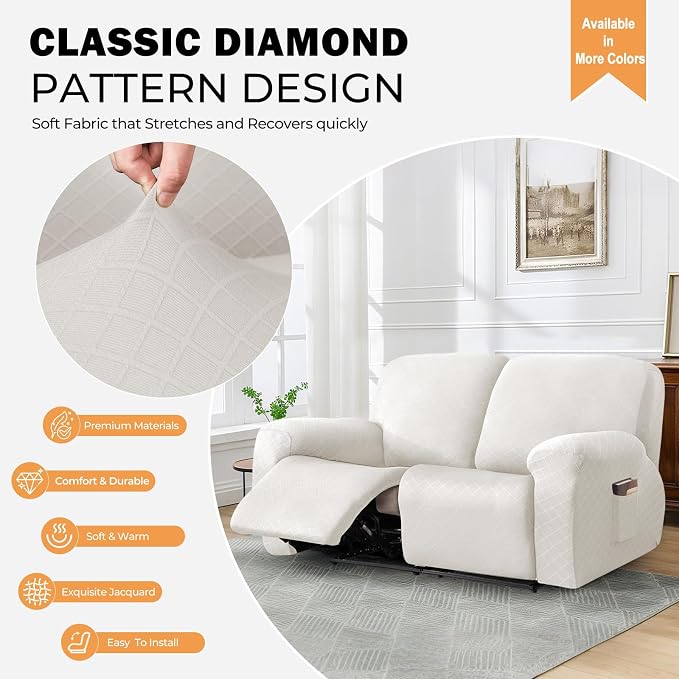 vctops Diamond Recliner Loveseat Slipcover 6-Pieces Stretch Dual Recliner Sofa Covers for 2 Seat Dual Reclining Loveseat Couch Soft Solid Furniture Protector (White,2 Seat) - Image 3