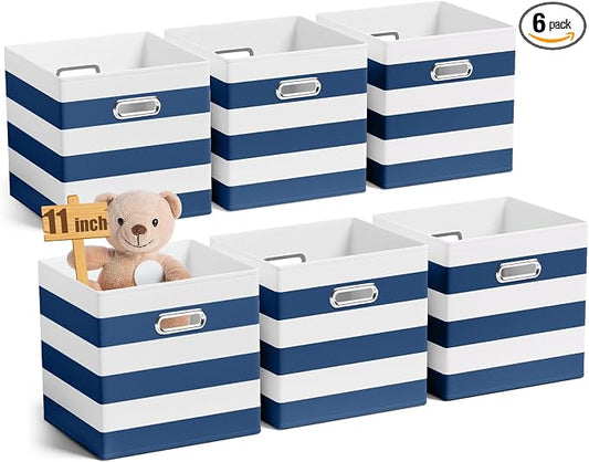 CroBlissful 11 Inch 6 Pack Fabric Storage Cubes with Metal Handles, Back to School Collapsible Organizer Bins for Classroom, Closet, Student Room, Toys and School Supplies (Blue and White) by CroBlissful