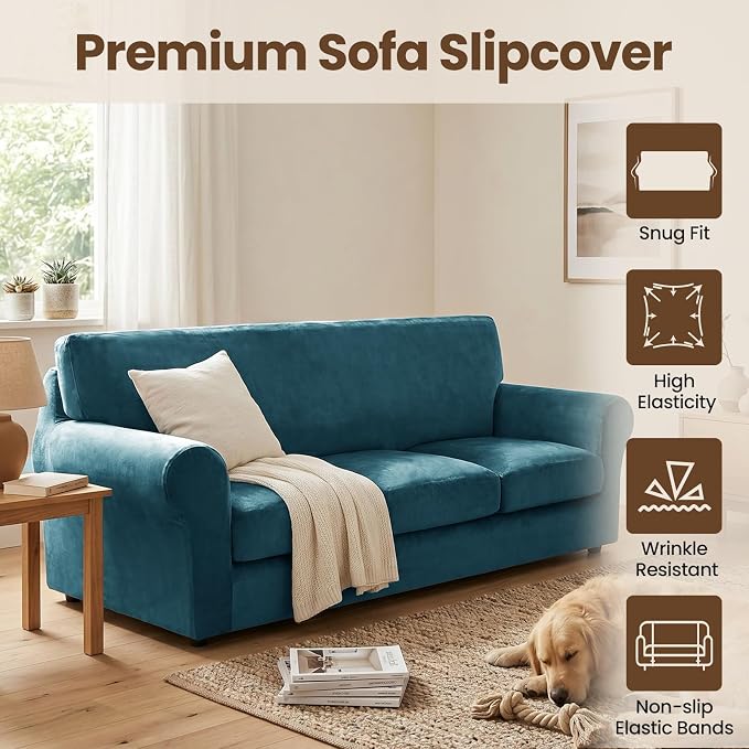 XINEAGE 3-Piece Velvet Loveseat Sofa Cover,Couch Cover for Dog,Peacock Blue | 2 Cushion Loveseat,Stretch Non-slip Elastic, Pet-friendly, Washable, Fast Setup, Soft Plush Fabric, Furniture Protector. - Image 2