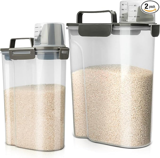Viretec Rice Storage Container, 5 to 10lb Dry Food Airtight Dispenser, Pet Dog Cat Food Canister, BPA Free Clear Plastic Kitchen and Pantry Bin for Oatmeal, Cereal, Pasta, Flour Pack of 2 Grey by Viretec
