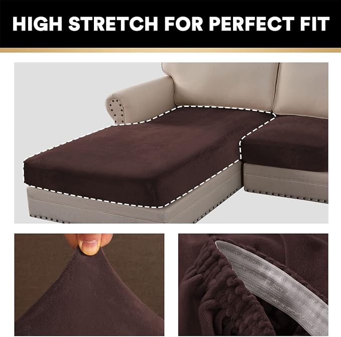 PrinceDeco Sectional Couch Covers 3 Pieces Velvet Sofa Covers L Shape Soft Couch Covers for Sectional Sofa Corner Sofa Cover Couch Cover for Dogs Washable (2 Seater + 1 Chaise,Brown) - Image 5