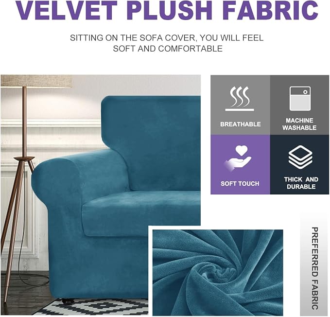ZNSAYOTX Luxury Velvet Couch Cover 4 Piece (72"-92") Stretch Sofa Covers for 3 Cushion Couch Thick Soft Sofa Slipcover with Non Slip Strap, Dog Pet Friendly Nice Furniture Protector (Peacock Blue) - Image 3